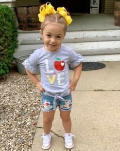 "LOVE" School Denim Short Set -Children's boutique clothing love school denim short set outfit sparkle in pink 14827902894154 be004329 484a 4850 b0f6 0570cfbbdc4d