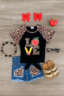 "Love" School Supply Cheetah Denim Short Set