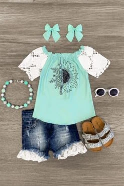 Mint Floral Lace Denim Short Set