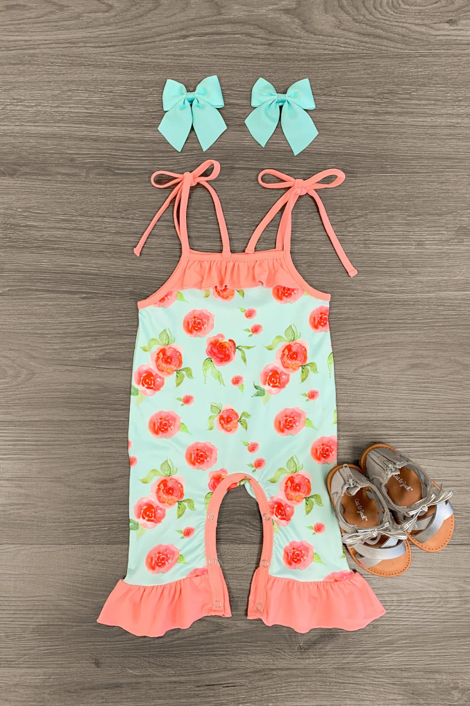 Mint & Pink Rose Tie Romper 3 Mint & Pink Rose Tie Romper
