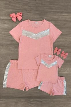 Mom & Me - Heather Pink & Silver Sequin Short Set