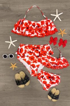Mom & Me - Red & White Poppies Ruffle Bikini