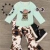 "Moody" Mint Cow Print Bell Bottom Set