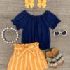 Navy & Mustard Striped Ruffle Tie Short Set -Children's boutique clothing navy mustard striped ruffle tie short set outfit sparkle in pink 621051