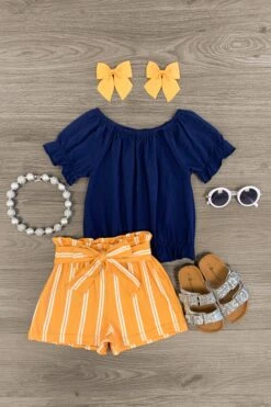 Navy & Mustard Striped Ruffle Tie Short Set