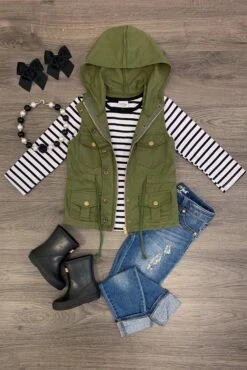Olive Green Stripe Vest Set