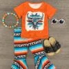 Orange & Turquoise Cow Skull Bell Bottom Set -Children's boutique clothing orange turquoise cow skull bell bottom set outfit sparkle in pink 619920