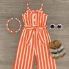 Striped Tie Waist Jumpsuit 2 Striped Tie Waist Jumpsuit -Children's boutique clothing orange white striped ruffle jumpsuit romper sparkle in pink 451489