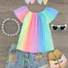Pastel Rainbow Sequin Denim Short Set