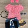 Pink Bandana Fringe Denim Short Set -Children's boutique clothing pink bandana fringe denim short set outfit sparkle in pink 29149945266250