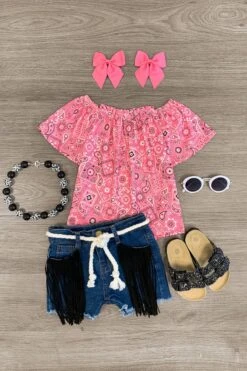 Pink Bandana Fringe Denim Short Set