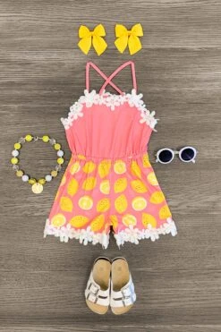 Pink Floral Lace Lemon Romper