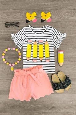 Pink Striped Glitter Pencil Short Set