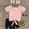 Pink Striped Sequin Distressed Denim Short Set -Children's boutique clothing pink striped sequin distressed denim short set outfit sparkle in pink 29149860823114