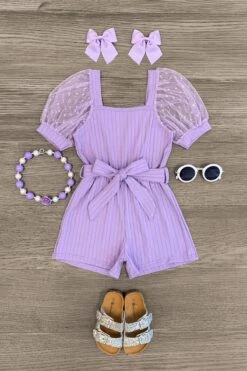 Polka Dot Tulle Puff Sleeve Romper -Children's boutique clothing polka dot tulle sleeve romper many colors romper sparkle in pink 754294