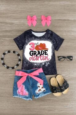 "Pre-K - 5th Grade Darlin'" Denim Short Set 15 "Pre-K - 5th Grade Darlin'" Denim Short Set -Children's boutique clothing pre k 5th grade darlin denim short set outfit sparkle in pink 29168097394762