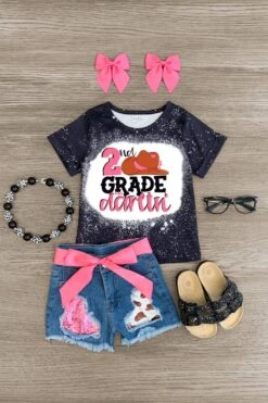 "Pre-K - 5th Grade Darlin'" Denim Short Set 14 "Pre-K - 5th Grade Darlin'" Denim Short Set -Children's boutique clothing pre k 5th grade darlin denim short set outfit sparkle in pink 29168097558602