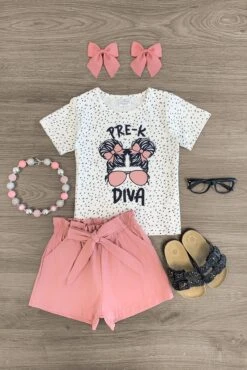 "Pre-K - 5th Grade Diva" Blush Short Set -Children's boutique clothing pre k 5th grade diva blush short set outfit sparkle in pink 29149853220938