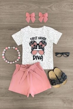 "Pre-K - 5th Grade Diva" Blush Short Set -Children's boutique clothing pre k 5th grade diva blush short set outfit sparkle in pink 29149855547466