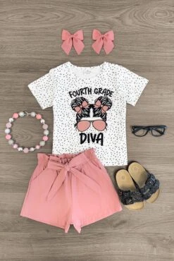 "Pre-K - 5th Grade Diva" Blush Short Set -Children's boutique clothing pre k 5th grade diva blush short set outfit sparkle in pink 29149855842378