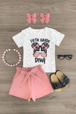 "Pre-K - 5th Grade Diva" Blush Short Set -Children's boutique clothing pre k 5th grade diva blush short set outfit sparkle in pink 29149856628810