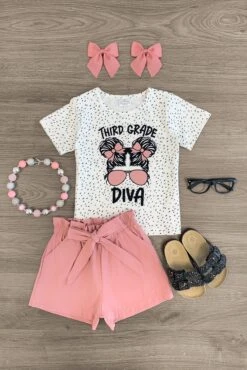 "Pre-K - 5th Grade Diva" Blush Short Set -Children's boutique clothing pre k 5th grade diva blush short set outfit sparkle in pink 29149856792650