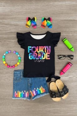 "Pre-K - Fifth Grade Vibes" Denim Short Set -Children's boutique clothing pre k fifth grade vibes denim short set outfit sparkle in pink 29228298993738