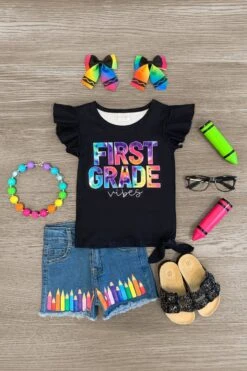 "Pre-K - Fifth Grade Vibes" Denim Short Set -Children's boutique clothing pre k fifth grade vibes denim short set outfit sparkle in pink 29228299026506