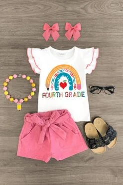 "Preschool - Fifth Grade" Rainbow Short Set 16 "Preschool - Fifth Grade" Rainbow Short Set -Children's boutique clothing preschool fifth grade rainbow short set outfit sparkle in pink 29173659304010