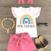 "Preschool - Fifth Grade" Rainbow Short Set -Children's boutique clothing preschool fifth grade rainbow short set outfit sparkle in pink 29188477780042