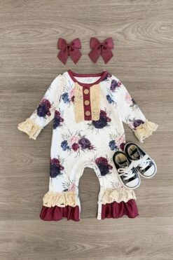 Purple Floral Lace Ruffle Romper