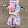 Purple Sunset Tie Dye Knotted Tank Top Short Set
