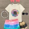 Rainbow Sunflower Tie Dye Denim Short Set -Children's boutique clothing rainbow sunflower tie dye denim short set outfit sparkle in pink 285908