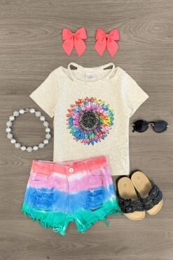 Rainbow Sunflower Tie Dye Denim Short Set