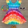 Rainbow Tie Dye Stripe Ruffle Sleeve Dress -Children's boutique clothing rainbow tie dye horizontal stripe ruffle sleeve dress dress sparkle in pink 15593954902090