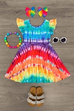 Rainbow Tie Dye Stripe Ruffle Sleeve Dress