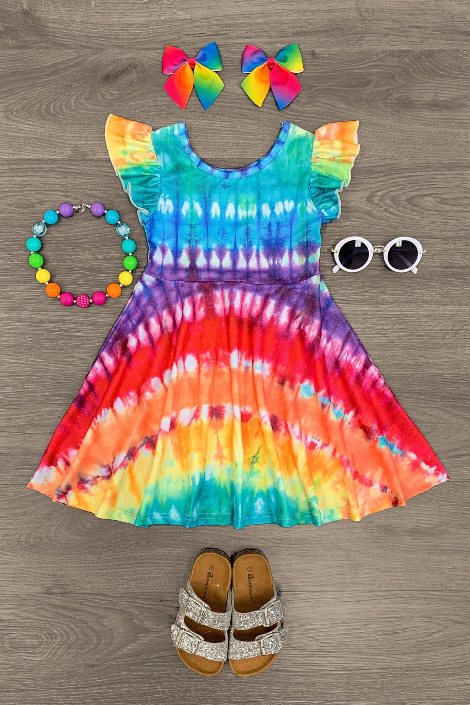 Rainbow Tie Dye Stripe Ruffle Sleeve Dress 3 Rainbow Tie Dye Stripe Ruffle Sleeve Dress