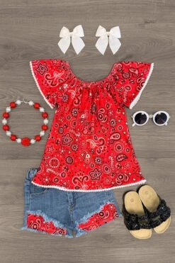 Red Bandana Denim Short Set