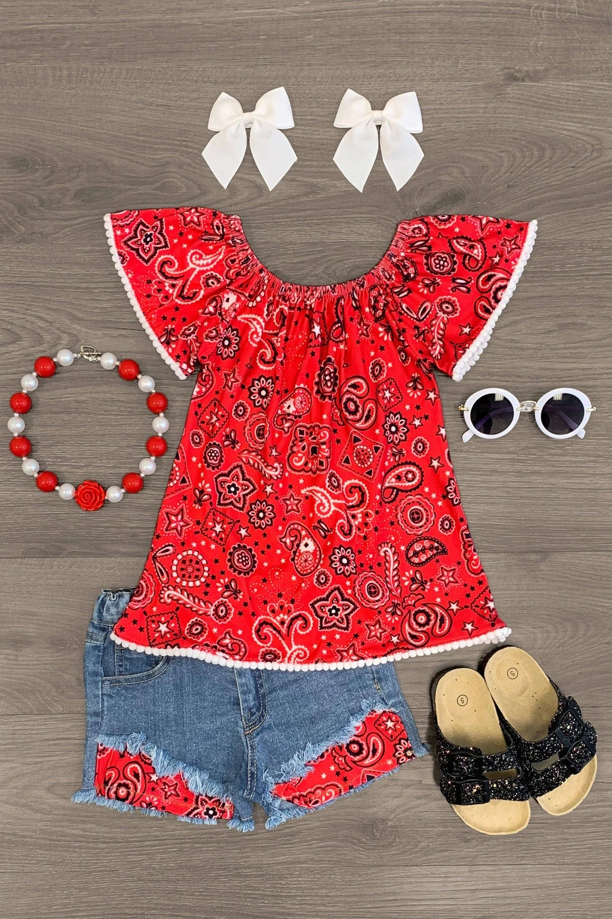 Red Bandana Denim Short Set 3 Red Bandana Denim Short Set