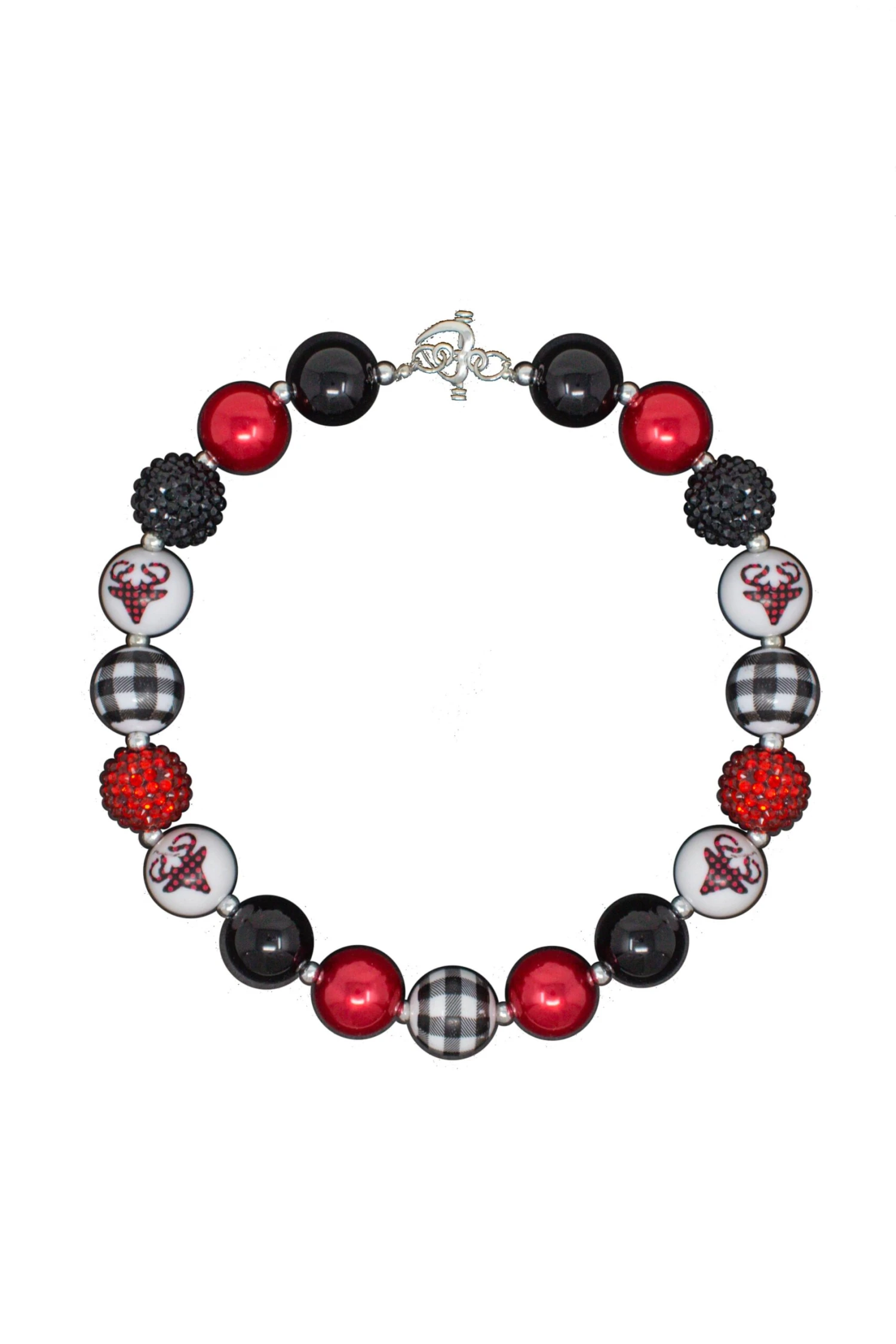 Red & Black Buffalo Plaid Reindeer Bubblegum Necklace 3 Red & Black Buffalo Plaid Reindeer Bubblegum Necklace