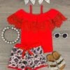 Red Cold Shoulder Sequin Short Set -Children's boutique clothing red cold shoulder sequin short set outfit sparkle in pink 285131