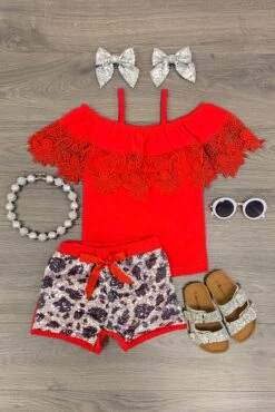 Red Cold Shoulder Sequin Short Set