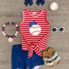 Red Striped Baseball Blue Denim Short Set -Children's boutique clothing red striped baseball blue denim short set outfit sparkle in pink 29149827170378