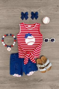 Red Striped Baseball Blue Denim Short Set