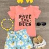 "Save The Bees" Blue & Pink Short Set -Children's boutique clothing save the bees blue pink short set outfit sparkle in pink 29149931274314