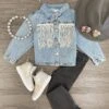 Silver Fringe Denim Jacket -Children's boutique clothing silver fringe denim jacket jacket vest sparkle in pink 29376678494282