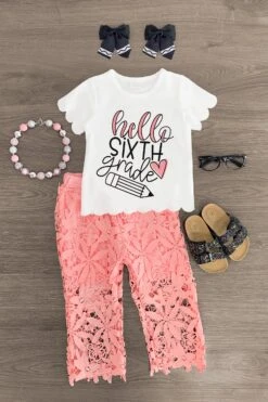 "Hello Pre-K - 6th Grade" Floral Lace Pant Set 19 "Hello Pre-K - 6th Grade" Floral Lace Pant Set -Children's boutique clothing sixth