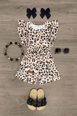 Tan Cheetah Button Ruffle Romper