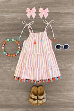 Tie Shoulder Striped Tassel Dress