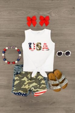"USA" Camo Patriotic Distressed Short Set